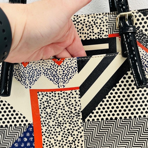 Anne‎ Klein Handbag Multicolor Chevron Polka Dot Stripe Faux Leather Patent Trim - Picture 6 of 10